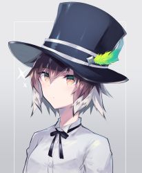Rule 34 | 1girl, arknights, black hat, black necktie, blush, brown hair, closed mouth, commentary request, expressionless, feathers, grey background, hair between eyes, hat, looking ahead, multicolored hair, necktie, orange eyes, plume (arknights), sasa onigiri, shirt, short hair, simple background, solo, sparkle, top hat, two-tone hair, upper body, white hair, white shirt