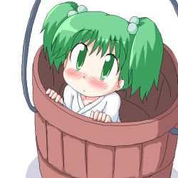 Rule 34 | 1girl, blush, bucket, female focus, geetsu, green eyes, green hair, hair bobbles, hair ornament, in bucket, in container, kisume, oekaki, solo, touhou, twintails, white background