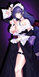 Rule 34 | 1girl, absurdres, alternate costume, bare shoulders, black panties, breasts, cleavage, cup, enmaided, frills, genshin impact, highres, holding, holding cup, large breasts, long hair, looking at viewer, maid, maid headdress, off shoulder, panties, purple eyes, purple hair, raiden shogun, sash, shio05 (05 sio), solo, spilling, tea, teacup, thigh strap, underwear, very long hair