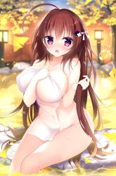 Rule 34 | 1girl, ahoge, blurry, blurry background, blush, breasts, brown hair, character request, cleavage, collarbone, commentary request, copyright request, covered navel, covering privates, depth of field, fang, ginkgo leaf, hair between eyes, hair ornament, hand on own chest, holding, holding hair, holding towel, huge ahoge, huge breasts, leaf, long hair, looking at viewer, naked towel, night, nude, nude cover, onsen, open mouth, outdoors, purple eyes, ripples, rock, shiromochi sakura, sitting, soaking feet, solo, steam, sunset, towel, very long hair, water, water drop, wet, yellow theme