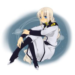 00s 1girl blue_eyes costume female_focus full_body gundam gundam_seed kuzumiya_yuyu military military_uniform silver_hair sitting solo touhou yagokoro_eirin