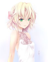 Rule 34 | 1girl, 5pb., aizawa kotarou, bare shoulders, blonde hair, bow, commentary, dress, english commentary, french commentary, from side, green eyes, hair bow, hair ribbon, highres, kagamigawa noelle, looking at viewer, memories off, memories off innocent fille, mixed-language commentary, pink ribbon, ribbon, sideways glance, signature, sleeveless, sleeveless dress, smile, solo, upper body, white dress