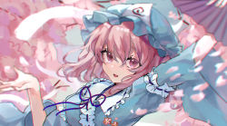 Rule 34 | 1girl, arm up, blue hat, cherry blossoms, cropped, hand fan, hat, highres, holding, japanese clothes, kani nyan, kimono, leaf, looking at viewer, open mouth, pink eyes, pink hair, saigyouji yuyuko, smile, solo, touhou