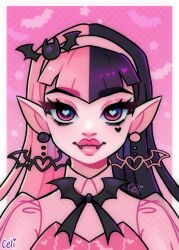 Rule 34 | 1girl, absurdres, bat hair ornament, black bow, black bowtie, black hair, bow, bowtie, collared shirt, colored skin, commentary, draculaura, earrings, english commentary, eyelashes, fangs, hair ornament, hairband, heart, heart-shaped pupils, highres, jewelry, lips, long hair, looking at viewer, monster girl, monster high, multicolored hair, pianta celi, pink eyes, pink hair, pink skin, pointy ears, shirt, smile, solo, split-color hair, symbol-shaped pupils, teeth, thick lips, upper teeth only, vampire