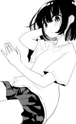 Rule 34 | 1girl, closed mouth, cowboy shot, greyscale, hand in own hair, highres, looking at viewer, miniskirt, monochrome, original, pleated skirt, shirt, short hair, simple background, sitting, skirt, smison, solo, t-shirt, white background