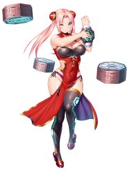 Rule 34 | 1girl, absurdres, alternate costume, aqua eyes, blush, breasts, chinese clothes, cleavage, curvy, danyang hua, full body, highres, large breasts, lilith-soft, long hair, nobushito kuro, official art, pink hair, shiny skin, simple background, solo, taimanin (series), taimanin rpgx, thighhighs, twintails, wide hips