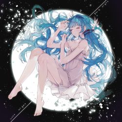 Rule 34 | 1girl, barefoot, blue eyes, blush, dress, closed eyes, hatsune miku, highres, last night good night (vocaloid), long hair, moon, off shoulder, sleeping, solo, twintails, utut, very long hair, vocaloid