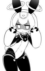 Rule 34 | 1girl, android, animal ears, bow, bowtie, closed mouth, covered navel, cowboy shot, greyscale, hands up, highres, leotard, looking at viewer, monochrome, naga u, puniru wa kawaii slime, rabbit ears, rabbit tail, runruun (puniru wa kawaii slime), shaded face, simple background, solo, standing, strapless, strapless leotard, tail, white background