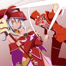 Rule 34 | 1boy, 1girl, alternate color, bare shoulders, bow, bowtie, breasts, brown background, brown eyes, crossed arms, dark magician girl, duel monster, gradient background, grey hair, hat, holding, holding wand, jacket, long hair, looking at viewer, mask, medium breasts, open mouth, pandora (yu-gi-oh!), pants, parted lips, red jacket, red pants, shuffle115, smile, striped bow, striped bowtie, striped clothes, top hat, upper body, wand, yu-gi-oh!, yu-gi-oh! duel monsters