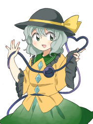 Rule 34 | 1girl, :d, black hat, blouse, commentary request, green eyes, green skirt, hands up, hat, hat ornament, highres, komeiji koishi, long sleeves, looking at viewer, open mouth, partial commentary, sasa kichi, shirt, silver hair, simple background, skirt, smile, solo, third eye, touhou, white background, wide sleeves, wing collar