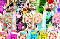 Rule 34 | &gt; &lt;, 1girl, black background, blonde hair, blurry, chromatic aberration, crown, ddolbang, deal with it (meme), deformed, closed eyes, glowstick, highres, holding, holding microphone, hololive, hololive english, mask, meme, microphone, music, oni mask, pointing, pointing up, singing, virtual youtuber, watson amelia