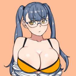 Rule 34 | blue-framed eyewear, bra, breasts, cleavage, closed mouth, glasses, grey hair, highres, large breasts, long hair, onsen tamago (hs egg), orange background, original, shirt, simple background, twintails, underwear, undressing, upper body, white shirt, yellow bra, yellow eyes