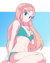 Rule 34 | 1girl, arm support, bare arms, bare shoulders, bikini, blonde hair, blue background, blush, braid, breasts, cleavage, closed mouth, collarbone, commentary, crown braid, floating hair, from below, green bikini, green eyes, hair ornament, hairclip, hand on own chest, hand up, head tilt, highres, long hair, looking at viewer, looking to the side, medium breasts, navel, nintendo, parted bangs, pointy ears, princess zelda, sidelocks, sitting, smile, solo, stomach, swimsuit, the legend of zelda, the legend of zelda: breath of the wild, thick eyebrows, white background, yokoyoko (nazonazo), yokozuwari