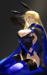 Rule 34 | 1girl, alternate costume, animal ears, areola slip, arm behind back, arm support, arm up, armor, blonde hair, blue cape, blue eyes, blue thighhighs, cape, commission, covered navel, dimitri alexandre blaiddyd, eyes visible through hair, fake animal ears, fake tail, fire emblem, fire emblem: three houses, genderswap, genderswap (mtf), highres, leotard, light particles, light rays, long hair, looking at viewer, nintendo, nykim0915, parted lips, playboy bunny, rabbit ears, rabbit tail, solo, tail, teeth, thighhighs, upper teeth only, vambraces