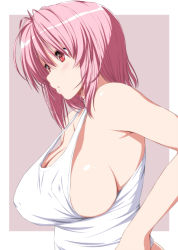 Rule 34 | 1girl, alternate costume, bare arms, bare shoulders, blush, border, breasts, cleavage, collarbone, commentary request, eyes visible through hair, grey background, hair between eyes, highres, large breasts, no bra, no headwear, nori tamago, outside border, parted lips, pink hair, red eyes, saigyouji yuyuko, short hair, sideboob, simple background, solo, sweat, tank top, touhou, upper body, white border