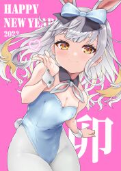 Rule 34 | 1girl, 2023, absurdres, animal ears, blonde hair, blue leotard, bow, breasts, brown eyes, cleavage, commentary request, covered navel, detached collar, grey hair, grey pantyhose, hair bow, happy new year, heart, highres, leotard, long hair, looking at viewer, mochizuki himari, multicolored hair, new year, pantyhose, pink background, playboy bunny, rabbit ears, rabbit girl, rabbit tail, simple background, small breasts, smile, solo, strapless, strapless leotard, streaked hair, tail, uni create, virtual youtuber, wrist cuffs, yunagi921
