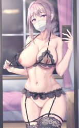 Rule 34 | 1girl, absurdres, bed, bedroom, black bra, black garter belt, black thighhighs, bra, braid, breasts, brown hair, cellphone, censored, collarbone, commission, curtains, frilled bra, frilled garter belt, frills, garter belt, highres, holding, holding phone, hoshimi ayaka, large breasts, looking at viewer, mask, mirror, mosaic censoring, mouth mask, navel, nipples, ohguro mariya, phone, purple eyes, pussy, see-through, see-through bra, single braid, skeb commission, smartphone, solo, sorairo utility, standing, surgical mask, thighhighs, underwear, white mask, window