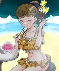 1girl ;t beach beach_umbrella bikini black_bow blurry blurry_background blush bow bowl brain_freeze breasts brown_hair brown_jacket center-flap_bangs cleavage closed_mouth collarbone commentary_request cowboy_shot eating food frilled_bikini frilled_sleeves frills gingham_bikini glass_bowl hair_bow half_up_braid hands_up highres holding holding_spoon jacket jacket_over_swimsuit kachimachi_kosuzu kachimachi_kosuzu_(swimsuit) link!_like!_love_live! love_live! medium_hair midriff navel official_alternate_costume on_chair outdoors pink_eyes puffy_short_sleeves puffy_sleeves rere_88rere shaved_ice short_sleeves shout_lines single_tear sitting solo split_mouth spoon straight_hair striped_bow swimsuit tied_jacket umbrella virtual_youtuber yellow_bikini