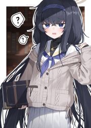 Rule 34 | 1girl, ?, black hair, blue archive, blue neckerchief, blush, book, cardigan, grey cardigan, hair between eyes, hairband, halo, highres, holding, holding book, jewelry, long hair, long sleeves, looking at viewer, neckerchief, open mouth, pendant, pleated skirt, purple eyes, purple hairband, sailor collar, shrimp cake, skirt, solo, spoken question mark, ui (blue archive), white sailor collar, white skirt