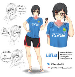 Rule 34 | 1girl, :d, ^^^, adjusting eyewear, anger vein, artist name, artist self-insert, black-framed eyewear, black hair, black shorts, blue shirt, brown eyes, cellphone, closed mouth, clothes writing, collarbone, commentary, cropped torso, english text, flying sweatdrops, glasses, grin, hand on own hip, hand to own mouth, hand up, highres, holding, holding phone, indonesian text, looking at viewer, lulu-chan92, multiple views, open mouth, original, persib bandung, phone, sandals, shirt, short hair, short shorts, short sleeves, shorts, smile, standing, surprised, sweat, translation request, twitter username, v-shaped eyebrows, watermark, web address, white background, white footwear