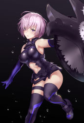 Rule 34 | 1girl, armor, armored dress, armpits, bare shoulders, black thighhighs, breasts, cowboy shot, elbow gloves, fate/grand order, fate (series), gloves, hair over one eye, jirusu, light purple hair, looking at viewer, mash kyrielight, medium breasts, parted lips, purple eyes, shield, short hair, solo, thighhighs