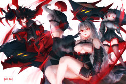 Rule 34 | 4girls, absurdly long hair, artist name, ass, azur lane, bare shoulders, bat wings, black choker, black dress, black gloves, black hair, black hairband, black legwear, black neckwear, black sleeves, braid, breasts, bursting breasts, chain, choker, claw (weapon), claws, cleavage, crop top, cross, detached sleeves, dress, epaulettes, framed breasts, frilled dress, frills, gloves, grey hair, grey headwear, hair ribbon, hairband, high-waist skirt, highres, horns, iron cross, jacket, large breasts, layered dress, long hair, looking at viewer, multiple girls, necktie, nurnberg (azur lane), orange eyes, pleated skirt, pointy ears, prinz heinrich (azur lane), red dress, red eyes, red hair, ribbed shirt, ribbon, rideth mochi, shirt, short hair, single braid, sitting, skirt, sleeveless, sleeveless shirt, small breasts, thighhighs, two-tone dress, underboob, very long hair, weapon, weser (azur lane), white hair, white jacket, white shirt, wing hair ornament, wings, z24 (azur lane), zettai ryouiki