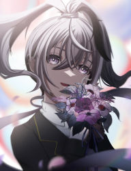 Rule 34 | 1girl, absurdres, black jacket, blouse, blurry, blurry background, bouquet, flower, flower (vocaloid), flower (vocaloid3), francium76, hands up, head tilt, high ponytail, highres, holding, holding bouquet, jacket, long hair, looking at viewer, multicolored hair, open mouth, purple eyes, purple flower, purple hair, shirt, smile, solo, streaked hair, upper body, vocaloid, white hair, white shirt