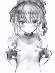 Rule 34 | 1girl, bad id, bad twitter id, beret, blush, choker, closed mouth, covering nipples, covering privates, fingernails, flat chest, gloves, greyscale, hair between eyes, hair ribbon, half gloves, hat, highres, hololive, hoshimachi suisei, jewelry, looking at viewer, monochrome, nanashi (nlo), necklace, nude, partially fingerless gloves, ribbon, seductive smile, sidelocks, simple background, smile, solo, upper body, virtual youtuber, white background