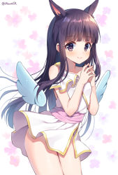 Rule 34 | 1girl, animal ears, bare shoulders, blue wings, blunt bangs, blush, closed mouth, commentary request, detached wings, dress, floral background, hands up, kasumi (princess connect!), long hair, mauve, own hands together, princess connect!, purple eyes, purple hair, smile, solo, twitter username, very long hair, white background, white dress, wings