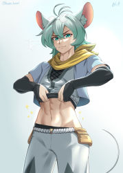 Rule 34 | 1boy, abs, ahoge, animal ears, clothes lift, detached sleeves, fingerless gloves, glasses, gloves, green eyes, green hair, highres, looking at viewer, mouse boy, mouse ears, mouse tail, original, pants, scarf, shirt lift, short hair, simple background, solo, tail, vilde loh hocen, yellow scarf