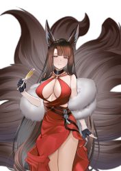 1girl absurdres akagi_(azur_lane) akagi_(ruby-laced_beauty)_(azur_lane) akagi_(ruby-laced_beauty)_(azur_lane) alternate_costume animal_ears azur_lane bare_shoulders blush breasts brown_hair champagne_flute choker cleavage cup dress drinking_glass fingerless_gloves fox_ears fox_girl fox_tail gloves halter_dress halterneck highres holding holding_cup large_breasts long_hair looking_at_viewer multiple_tails red_dress red_eyes smile standing tail thighs tnr_(horiko1525) very_long_hair