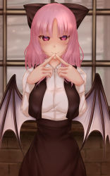 Rule 34 | 1girl, black bow, black skirt, black vest, blush, bow, breasts, collared shirt, commentary request, commission, cowboy shot, demon wings, ending demon, hair bow, highres, large breasts, long sleeves, looking at viewer, mystic square, parted bangs, pink hair, pixiv commission, purple eyes, purple wings, shirt, shounen (hogehoge), skirt, smile, touhou, touhou (pc-98), vest, white shirt, wings