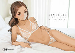 Rule 34 | 1girl, 2019, areola slip, artist name, bed sheet, breasts, brown eyes, brown hair, collarbone, cushion, dated, ed, indoors, jewelry, lace, legs together, lingerie, long hair, looking at viewer, lying, navel, necklace, on side, original, salmon88, see-through, small breasts, solo, underwear, wavy hair