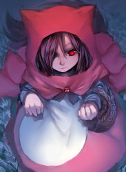 Rule 34 | 1girl, animal ears, basket, cosplay, dress, from above, hair over one eye, highres, hood, imaizumi kagerou, little red riding hood, little red riding hood (grimm), little red riding hood (grimm) (cosplay), madcocoon, red eyes, red hair, smile, solo, touhou