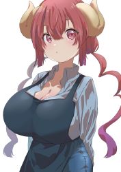 Rule 34 | 1girl, 999ool, absurdres, apron, arms behind back, blush, breasts, cleavage, collared shirt, denim, dragon girl, dragon horns, gradient hair, highres, horns, ilulu (maidragon), jeans, kobayashi-san chi no maidragon, large breasts, long hair, looking to the side, multicolored hair, pants, parted lips, red eyes, red hair, shirt, shirt tucked in, solo, twintails, unbuttoned, unbuttoned shirt