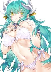 Rule 34 | 1girl, aqua hair, bare shoulders, blush, bra, breasts, cleavage, clothes lift, dragon girl, fate/grand order, fate (series), highres, horns, kiyohime (fate), kou mashiro, large breasts, long hair, looking at viewer, multiple horns, navel, panties, sailor collar, shirt, shirt lift, short sleeves, simple background, smile, solo, underwear, white background, white bra, white panties, white shirt, yellow eyes
