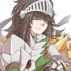Rule 34 | 1boy, armor, barding, black hair, blindfold, breastplate, chainmail, closed mouth, commentary request, dragon, dragon riding, expressionless, ferus (ragnarok online), gauntlets, long hair, looking to the side, natsuya (kuttuki), pauldrons, ragnarok online, reins, riding, rune knight (ragnarok online), shoulder armor, simple background, spiked pauldrons, upper body, visor (armor), white background