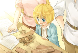 Rule 34 | 1girl, 2boys, armin arlert, blonde hair, blue eyes, blush, family, father and son, head out of frame, long hair, mother and son, moxue qianxi, multiple boys, open mouth, shingeki no kyojin, short hair, smile, toy, toy airplane