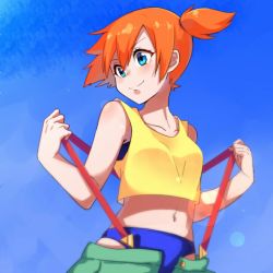 Rule 34 | 1girl, bare arms, bare shoulders, bikini, bikini under clothes, blue bikini, blue eyes, closed mouth, collarbone, creatures (company), crop top, cropped shirt, day, game freak, gym leader, hands up, kmchi, looking to the side, misty (pokemon), navel, nintendo, orange hair, outdoors, pokemon, pokemon (anime), pokemon (classic anime), pulled by self, shirt, short hair, side ponytail, sleeveless, sleeveless shirt, smile, solo, stomach, suspenders, suspenders pull, swimsuit, undressing, unzipped, upper body