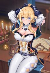 Rule 34 | 1girl, absurdres, adjusting hair, armpits, arms up, bare shoulders, blonde hair, blue capelet, blue eyes, book, bow, breasts, candle, capelet, cleavage, closed mouth, coattails, curvy, desk, detached collar, detached sleeves, fire, fire, genshin impact, hair between eyes, hair bow, highres, hourglass, huge filesize, indoors, jean (genshin impact), large breasts, pants, paper, ponytail, rivet (vvrn2825), sitting, solo, tight clothes, tight pants, white pants