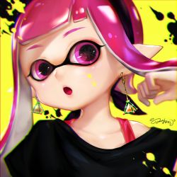 Rule 34 | 1girl, :o, inkling, inkling girl, inkling player character, lma, long hair, looking at viewer, mask, nintendo, off shoulder, paint splatter, pink eyes, pink hair, pointy ears, signature, simple background, tentacle hair, upper body, yellow background