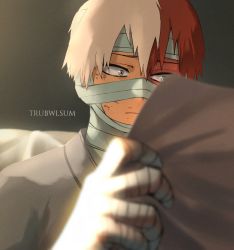 Rule 34 | 1boy, artist name, bandage on face, bandage over one eye, bandaged arm, bandaged hand, bandaged head, bandages, blurry, blurry background, boku no hero academia, bruise, burn scar, commentary, english commentary, forehead protector, grey eyes, hand up, heterochromia, highres, holding, holding paper, hospital gown, injury, light, male focus, multicolored hair, paper, reading, red eyes, red hair, sad, scar, short hair, solo, spoilers, todoroki shouto, trubwlsum, two-tone hair, upper body, white hair, yellow eyes