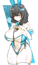 Rule 34 | animal ears, bare shoulders, black hair, blue bow, blue bowtie, blue hair, blue leotard, blush, bowtie, breasts, closed eyes, detached collar, elbow gloves, fake animal ears, fake tail, gloves, goddess of victory: nikke, hands on own chest, id card, katakuriko626, large breasts, leotard, long hair, mary (medical rabbit) (nikke), mary (nikke), multicolored hair, official alternate costume, parted lips, playboy bunny, rabbit ears, rabbit tail, see-through, see-through leotard, strapless, strapless leotard, streaked hair, tail, thighhighs, thighs, white gloves, white thighhighs, zoom layer