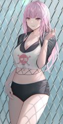 Rule 34 | 1girl, bad id, bad pixiv id, black jacket, blush, breasts, cleavage, cowboy shot, dolphenry, fence, hand up, highres, hololive, hololive english, jacket, large breasts, long hair, looking at viewer, midriff, mori calliope, mori calliope (streetwear), navel, open clothes, open jacket, parted lips, pink eyes, pink hair, skull print, smile, solo, stomach, thighs, virtual youtuber