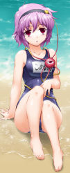 Rule 34 | 1girl, bare shoulders, barefoot, beach, blush, collarbone, feet, female focus, hairband, heart, henshako, komeiji satori, name tag, one-piece swimsuit, outdoors, parted lips, partially submerged, pink hair, red eyes, school swimsuit, shiny clothes, short hair, sitting, skindentation, solo, swimsuit, third eye, toenails, toes, touhou, water