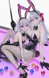 Rule 34 | animal ears, ball, bare shoulders, billiard ball, black gloves, black leotard, black pantyhose, blush, bow, bowtie, breasts, cleavage, cue stick, detached collar, earrings, fake animal ears, fake tail, fate/grand order, fate (series), fishnet pantyhose, fishnets, gloves, grin, hair ribbon, high heels, highleg, highleg leotard, highres, jewelry, kama (fate), kama (first ascension) (fate), kama (second ascension) (fate), large breasts, leotard, licking lips, long hair, looking at viewer, nipi27, pantyhose, playboy bunny, pool table, purple eyes, rabbit ears, rabbit tail, ribbon, short hair, small breasts, smile, table, tail, tongue, tongue out, white hair, wrist cuffs