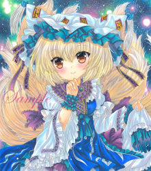 Rule 34 | 1girl, animal hat, blonde hair, blue tabard, breasts, brown eyes, closed mouth, cowboy shot, dress, fox tail, frilled hat, frilled shirt collar, frilled sleeves, frilled tabard, frills, hand on own chin, hat, hat ribbon, juliet sleeves, long sleeves, looking at viewer, marker (medium), mob cap, multiple tails, ofuda, ofuda on clothes, puffy sleeves, purple ribbon, ribbon, rui (sugar3), sample watermark, short hair, skirt hold, small breasts, smile, solo, tabard, tail, tassel, touhou, traditional media, watermark, white dress, white hat, wide sleeves, wrist cuffs, yakumo ran