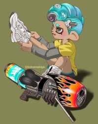 Rule 34 | 1boy, blue hair, commentary request, green background, grey eyes, grey sleeves, gun, hair ornament, hairclip, moguko, mohawk, nintendo, octoling, octoling boy, octoling player character, octopus boy, putting on shoes, range blaster (splatoon), shirt, shoes, short hair, solo, splatoon (series), splatoon 3, tentacle hair, weapon, white footwear, yellow shirt
