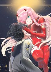 Rule 34 | 10s, 12itiniti, 1boy, 1girl, black hair, blood, blood on face, bodysuit, breasts, commentary request, couple, darling in the franxx, floating hair, gloves, green eyes, hair ornament, hair over one eye, hairband, hand on another&#039;s face, hand on another&#039;s shoulder, hetero, hiro (darling in the franxx), horns, long hair, long sleeves, looking at another, medium breasts, military, military uniform, night, night sky, oni horns, pilot suit, pink hair, red bodysuit, red gloves, red horns, short hair, sky, star (sky), star (symbol), starry sky, uniform, white hairband, zero two (darling in the franxx)