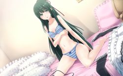 Rule 34 | 1girl, barefoot, bed, black hair, blue striped panties, blush, bra, frilled pillow, frilled thighhighs, frills, game cg, green eyes, lingerie, long hair, panties, pillow, rikudou sui, solo, striped bra, striped clothes, striped panties, tel-o, thighhighs, underwear, underwear only, unworn clothes, very long hair, yamiyo ni odore